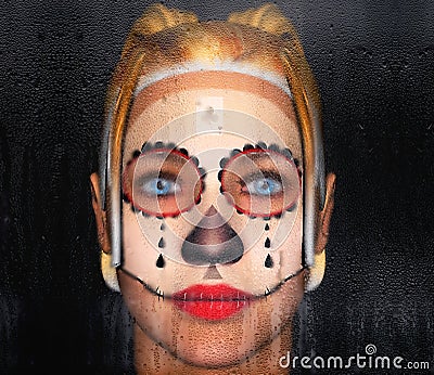 The girl behind the glass with a painted face tattoo Chicano. 3D Illustration. Stock Photo