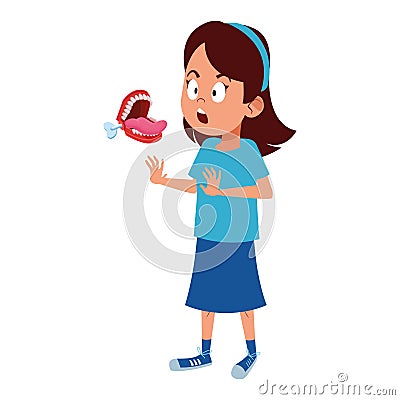 Girl being surprised with false chattering jaws Vector Illustration