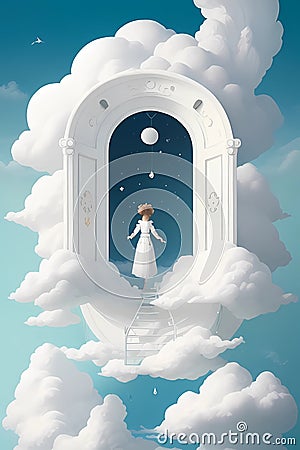 Girl Beyond the Moonlit Door - A Dreamer's Journey Cartoon Illustration
