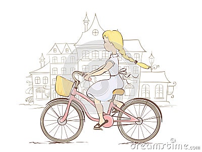 Girl on a bicycle in a European city Vector Illustration