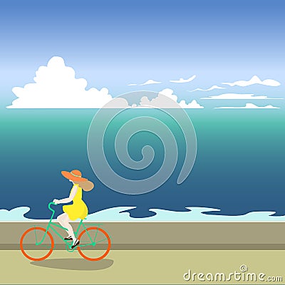 A girl on a bicycle rides along the sea shore. Vector illustration of a sea. Vector Illustration