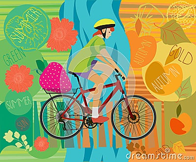 Girl on a bicycle. Summer. Autumn. Vector illustration Vector Illustration