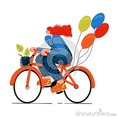 Girl on bicycle trendy colourful flat style Vector Illustration