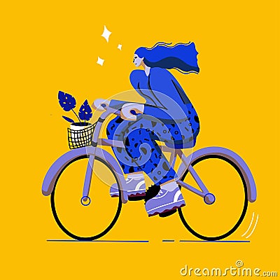 Girl on bicycle trendy colourful flat style Vector Illustration