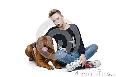 Girl with big brown dog Stock Photo