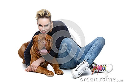 Girl with big brown dog Stock Photo