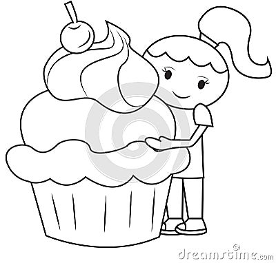 The girl and the big cupcake coloring page Stock Photo