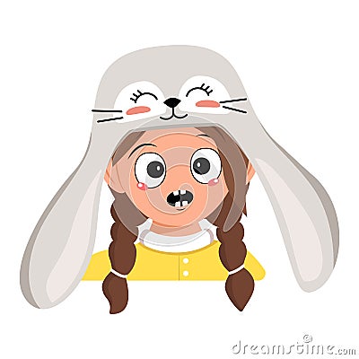 Girl with big eyes and emotions panic, surprised face, shocked eyes in rabbit ha Vector Illustration
