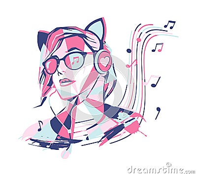 Girl in big headphones listening to music. An abstract image of a music lover, love of music, notes and sound. Vector Illustration