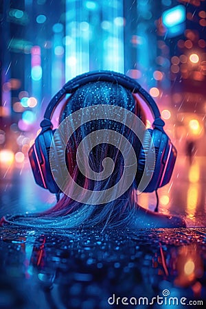 A girl in big headphones in the night neon light. Musical accompaniment of a night disco with neon lighting Stock Photo