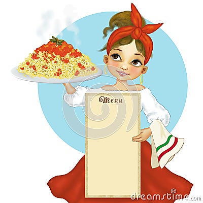 A girl with big plate of spaghetti Stock Photo