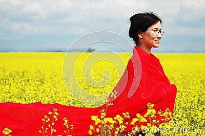 Girl with big red scarf Stock Photo