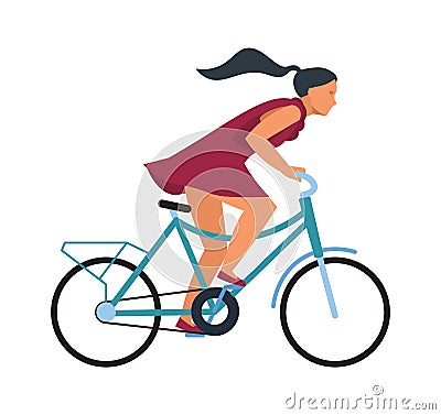 Girl on bike. Cartoon woman riding bicycle fast. Profile view of young female on wheel transport. Isolated hurrying Vector Illustration