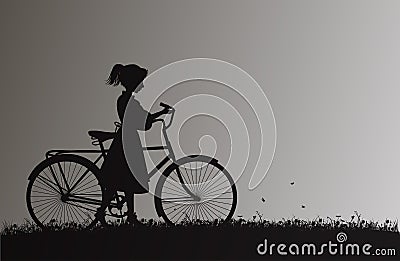 Girl with bike on the field with grass and flower, childhood memories, Vector Illustration