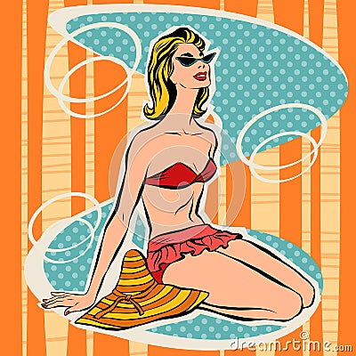 Girl in bikini sitting on beach Vector Illustration