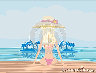 Girl in bikini and tropical pool Vector Illustration
