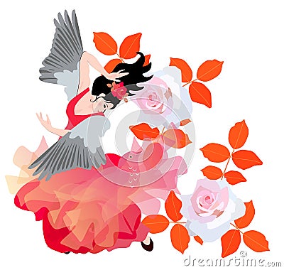 Girl-bird dancing flamenco in the garden among beautiful roses Vector Illustration