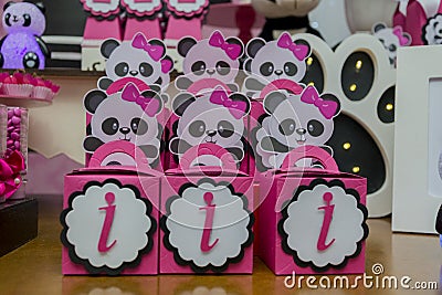 Girl birthday party decoration detail panda theme Editorial Stock Photo