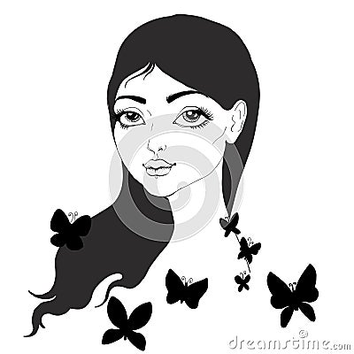 Girl and black batterfly. Vector hand draw illustration. Vector Illustration