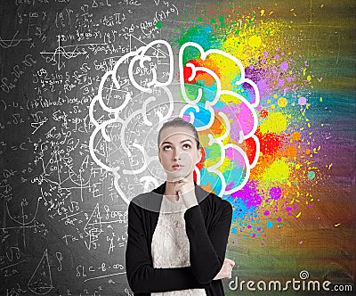 Girl in black cardigan and brain sketch Stock Photo