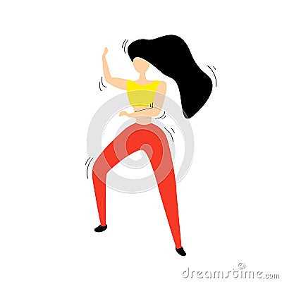 Girl with black hair dances in a yellow T-shirt and red pants Zumba dance. hands up Stock Photo