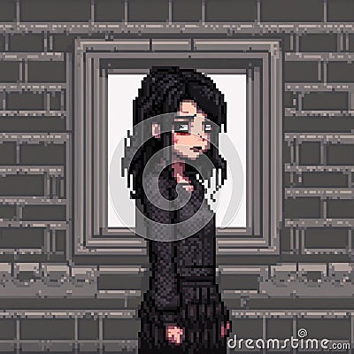 Girl with black hair and dark makeup, black dress, dark and gloomy atmosphere, pixelart Stock Photo