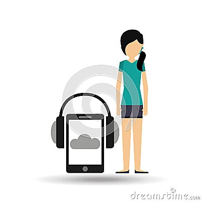 Girl black hair smartphone headphones music online Vector Illustration