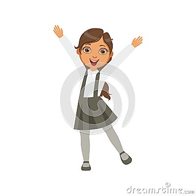 Girl In Black Skirt With Suspenders Happy Schoolkid In School Uniform Standing And Smiling Cartoon Character Vector Illustration