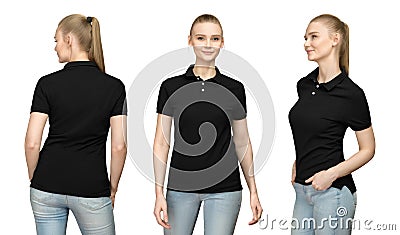 girl in blank black polo shirt mockup design for print and template woman in T-shirt front half turn side back view isolated Stock Photo