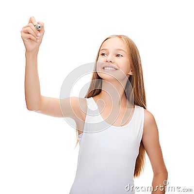 Girl in blank white shirt drawing something Stock Photo