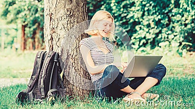 Girl blogger write post for social network. modern woman with notebook blogging. woman drink coffee. Inspiration for Stock Photo