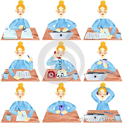 A girl with blond hair in blue, set of office and university activities Stock Photo