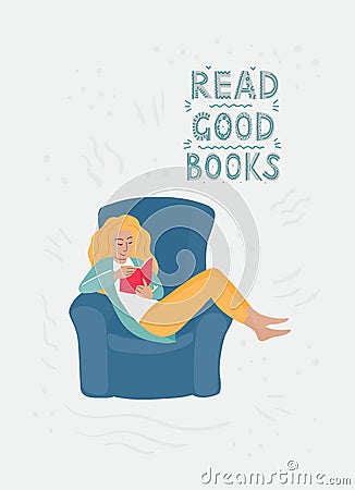 A girl with a blond hair in a bright clothing sitting on a blue chair and reading a book. Vector cartoon flat Vector Illustration