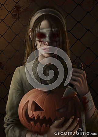 Girl with bloody eyes and pumpkin Stock Photo