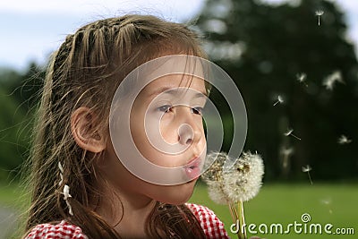 Girl blow on dandelion Stock Photo