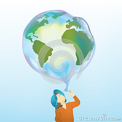 girl blowing earth bubble. Vector illustration decorative design Vector Illustration