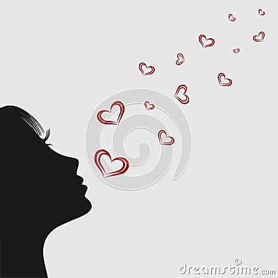 Girl blowing on hearts. Silhouette. Vector Illustration