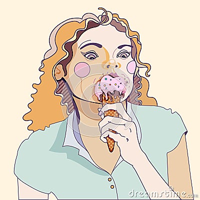 Girl eating ice cream . Colored illustration Vector Illustration