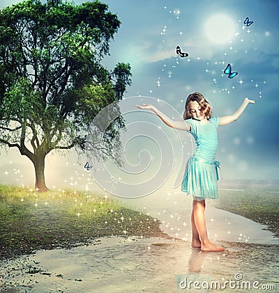 Girl with Blue Butterflies at a Magical Brook Stock Photo