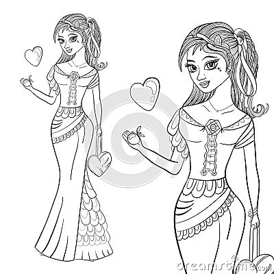 Girl in a blue dress with an apple. Fashionable illustration. Venus goddess. Coloring book page. Vector illustration Vector Illustration
