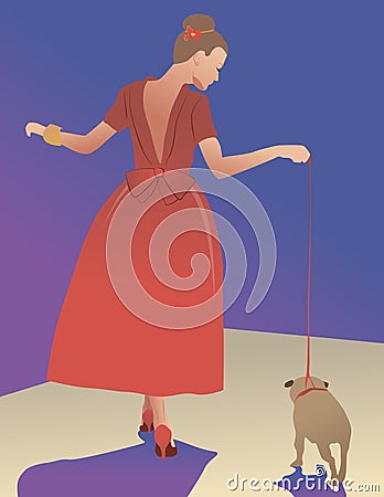 Girl blue dress dog illustration Vector Illustration
