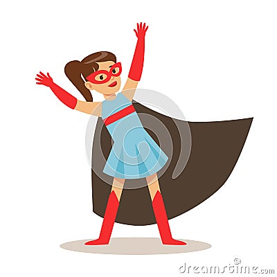 Girl In Blue Dress Pretending To Have Super Powers Dressed In Superhero Costume With Black Cape And Mask Smiling Vector Illustration