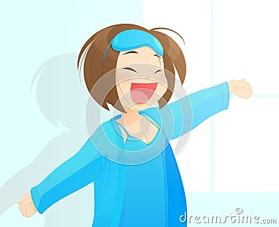 Girl in blue nightgown enjoys sunny morning Vector Illustration