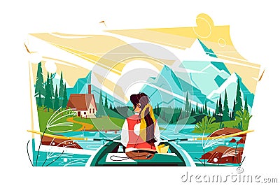 Girl boating on lake, picturesque mountain landscape Vector Illustration