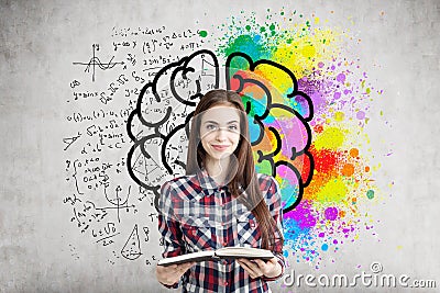 Girl with a book and colorful brain sketch Stock Photo