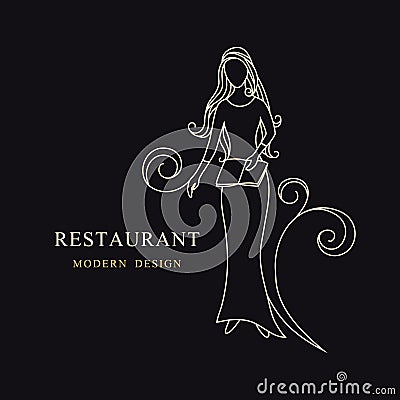 Girl with book in her Hand. Drawn Engraving. Linear Emblem. Monogram Template for Cards, Invitations, Book Design, Restaurant Menu Vector Illustration