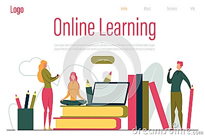 Girl on Books with Notebook Online Learning Banner Stock Photo