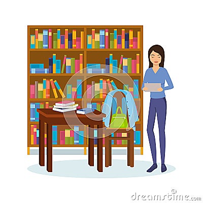 Girl with books and tablet is engaged in the library. Vector Illustration