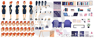 Girl boss constructor with office furniture set Vector Illustration