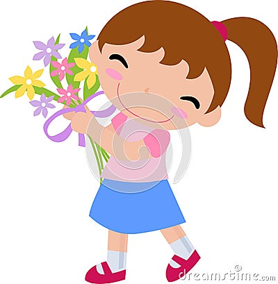 Girl With A Bouquet Of Flowe Vector Illustration